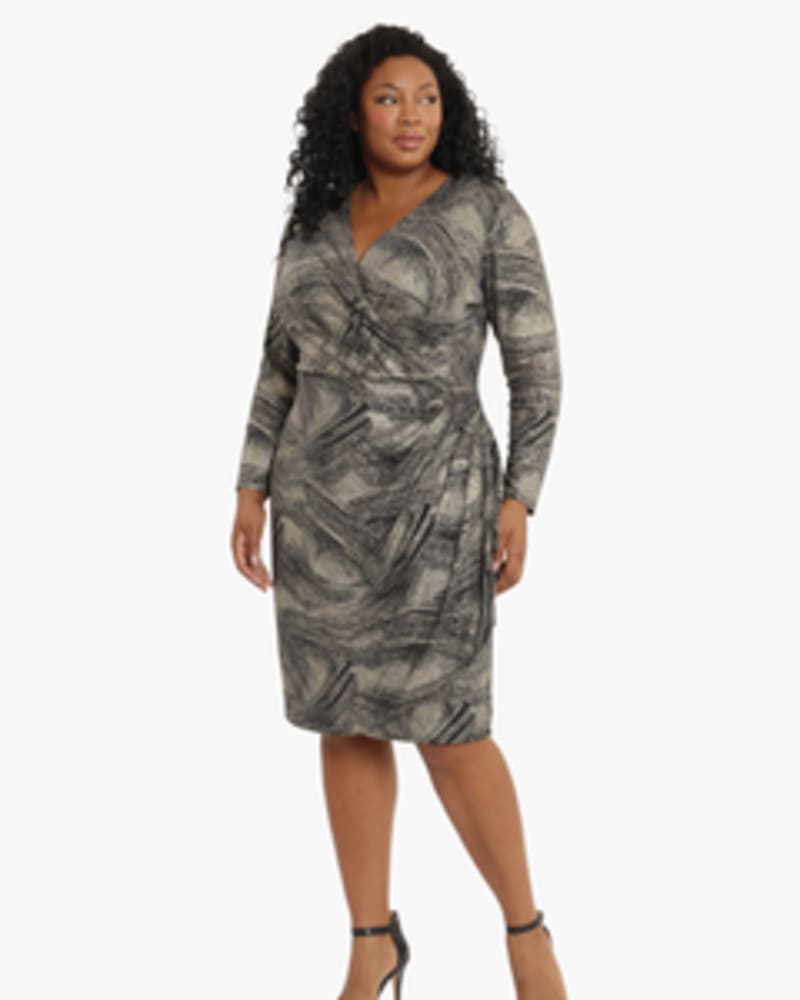 Front of a model wearing a size 14w Tya Faux-Wrap Dress in gold/black by London Times. | dia_product_style_image_id:254955